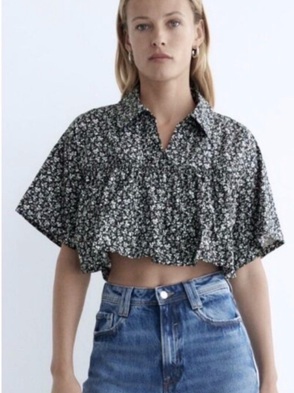 Zara Black White Floral Babydoll Crop Top Lined Sz M